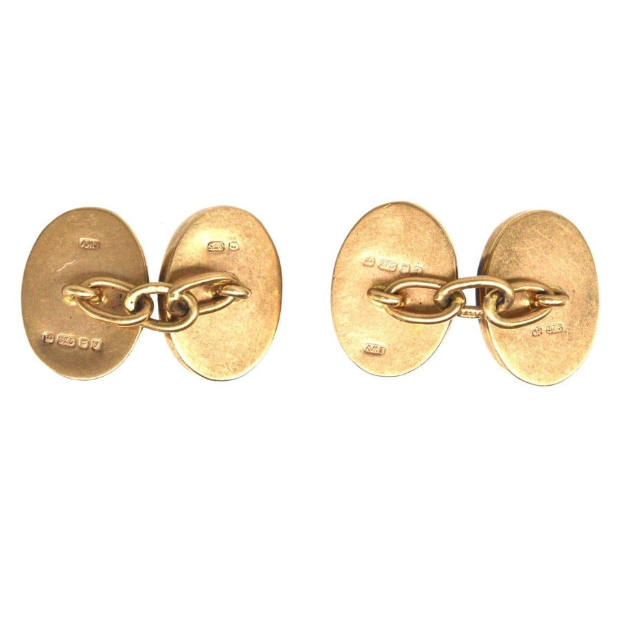 Vintage 9ct gold oval cufflinks featuring amethyst, assayed in London 1983, by Etienne Wilfred Verniquet.