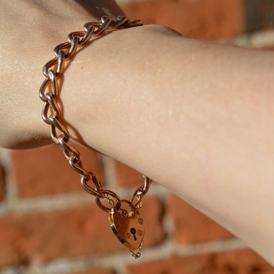 Vintage 9ct Gold Curb Bracelet with Heart Lock | Parkin and Gerrish | Antique & Vintage Jewellery