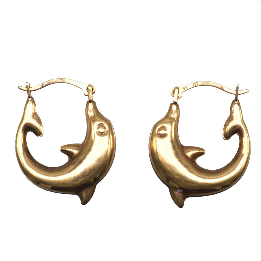 Vintage 9ct gold dolphin huggie hoop earrings, symbolizing harmony and grace, perfect playful accessory.