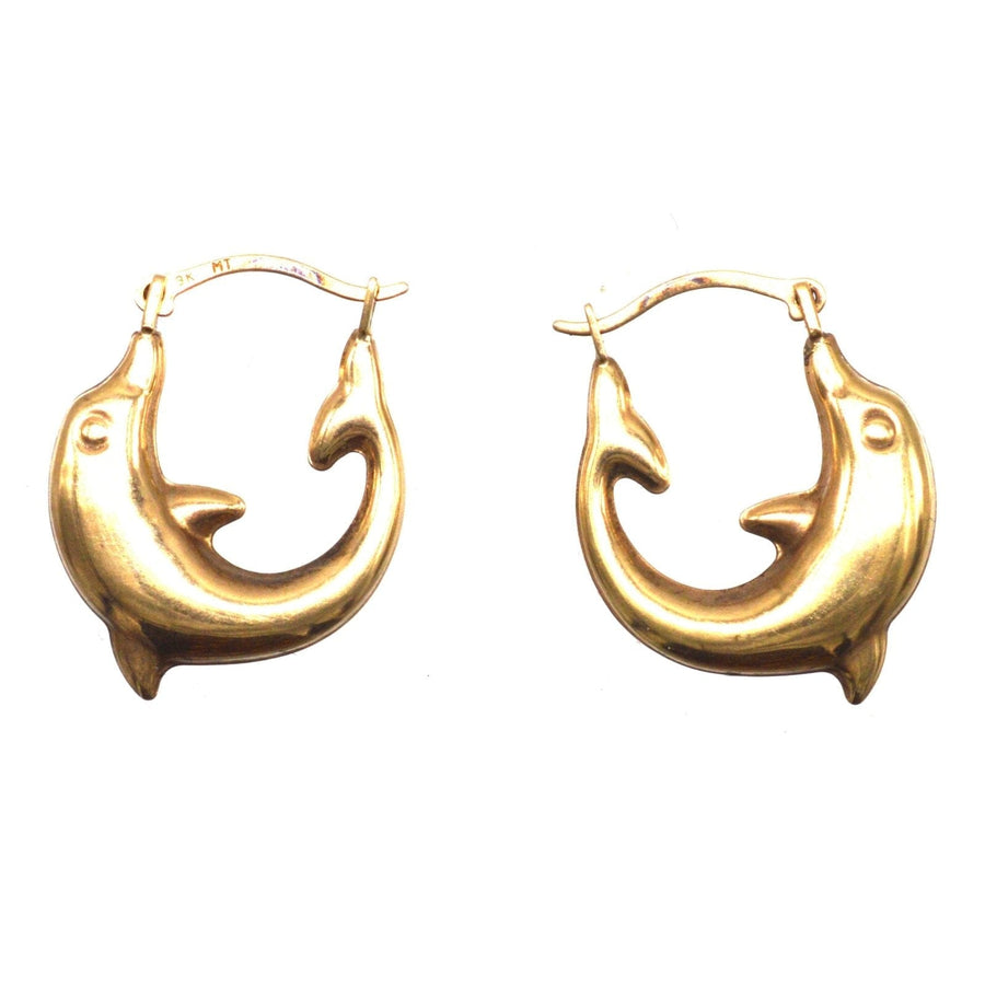 Vintage 9ct gold dolphin huggie earrings representing harmony and grace, with playful design perfect for any occasion.