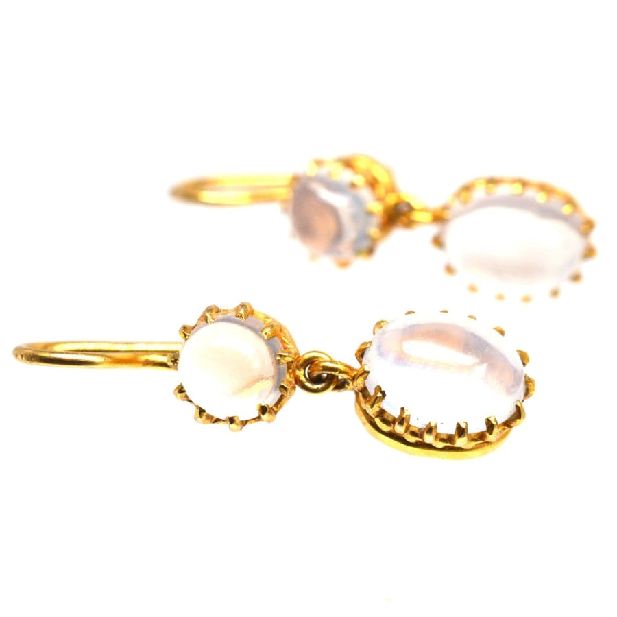 Vintage 9ct gold drop earrings featuring round and oval moonstones with grey/blue flashes, made in 1979.