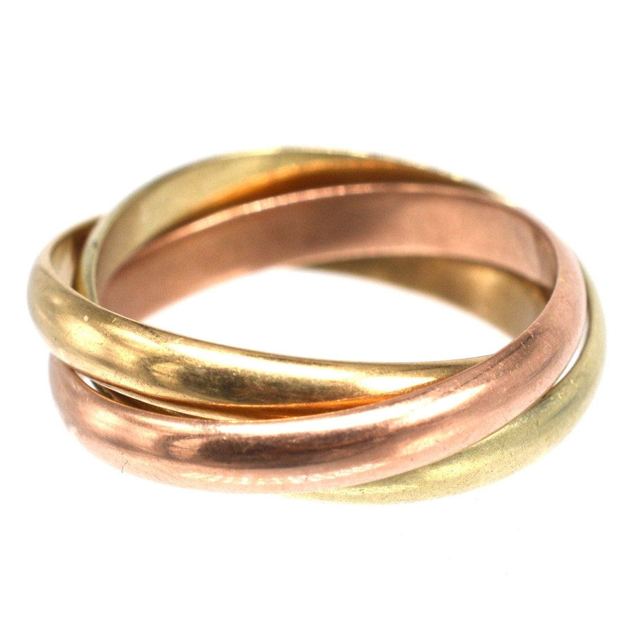 Vintage 9ct gold Trinity three-coloured gold band ring with stylish interlocking design for men and women.