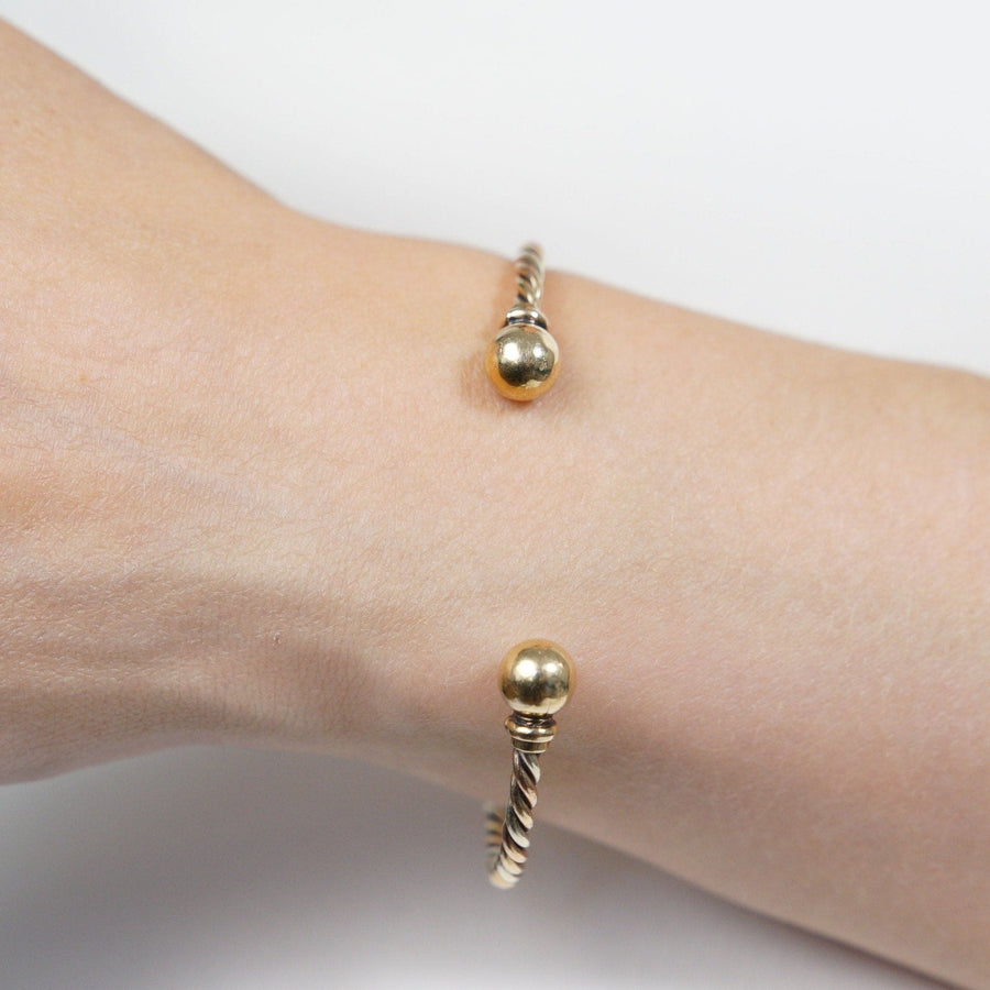 Vintage 9ct gold twisted three colour gold open bangle with spherical ends, elegant and stylish for stacking.