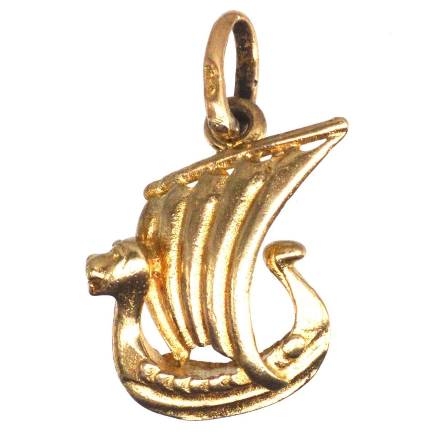 Vintage 9ct Gold Viking Ship Charm with dragon figure, celebrating Norse mythology and maritime history, made in 1977.