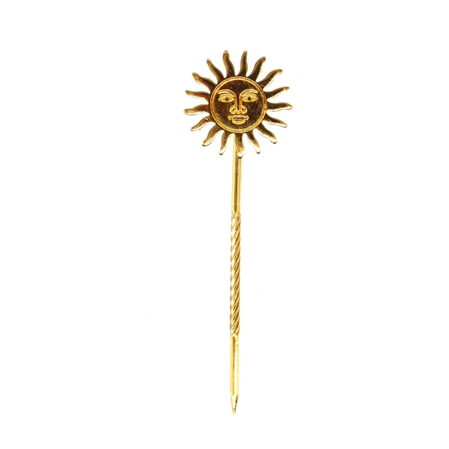 Vintage gold gilt tie pin featuring a sun face design with wavy rays, perfect for any occasion.