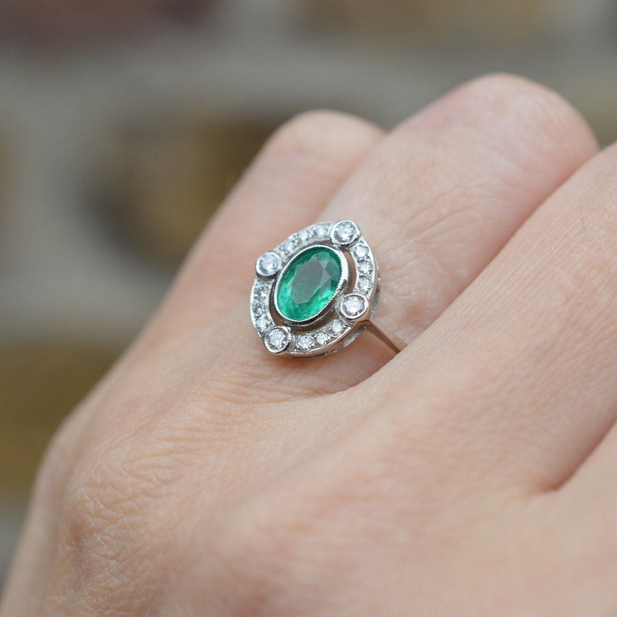 Vintage Platinum Emerald and Diamond Cluster Ring | Parkin and Gerrish | Antique & Vintage Jewellery