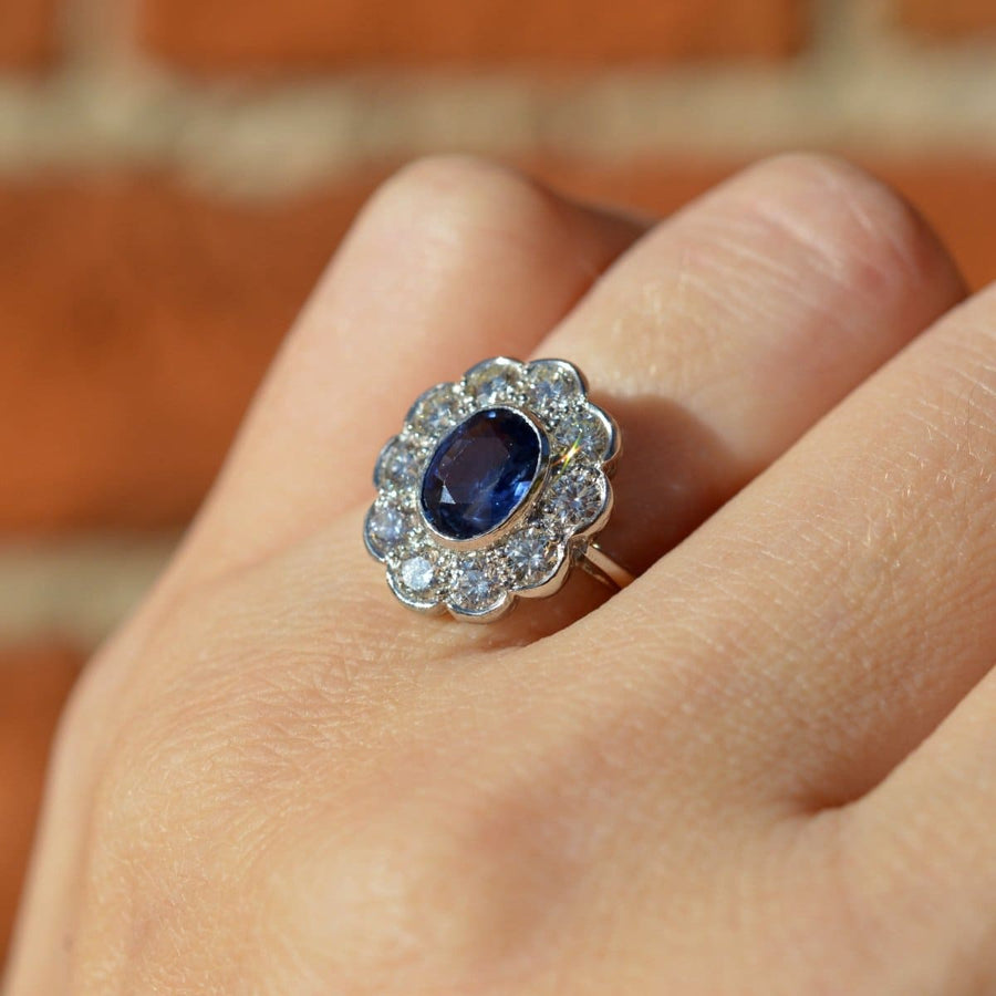 Vintage Platinum Sapphire and Diamond Cluster Ring | Parkin and Gerrish | Antique & Vintage Jewellery