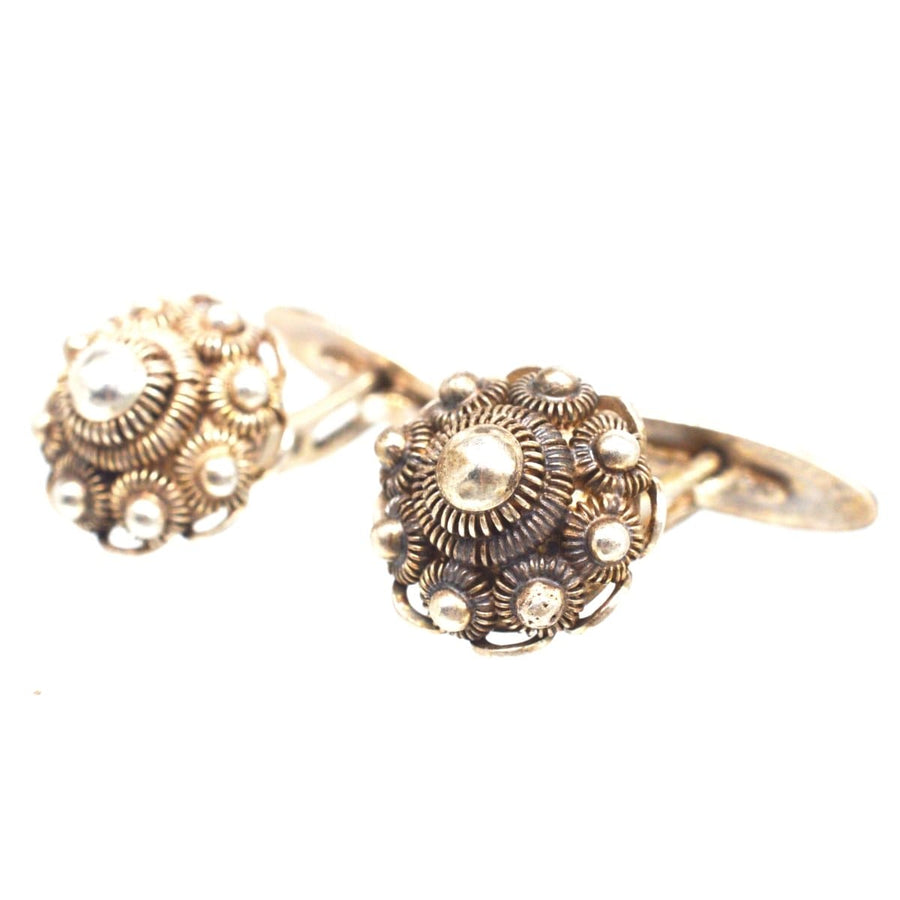 Vintage Silver Dutch Cufflinks by G. J. Van Den Bergh Jr., featuring dome-shaped filigree Zeeuwse Knoop design.