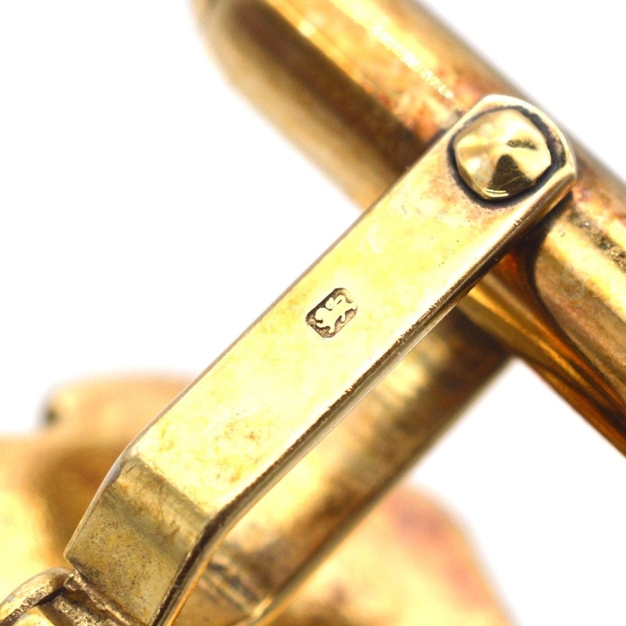 Close-up of vintage cufflink clasp showing hallmark details from Sheffield, crafted by Jack Spencer in 1991.