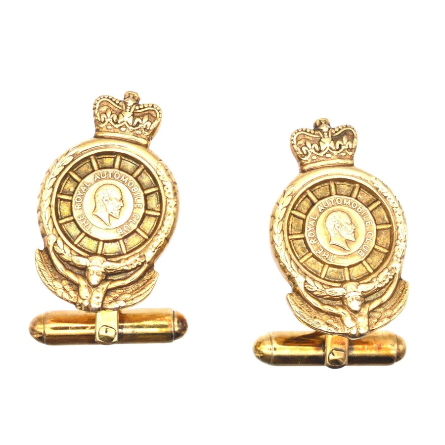 Vintage silver gilt cufflinks featuring the Royal Automobile Club logo, made in 1991 by Jack Spencer in Sheffield.