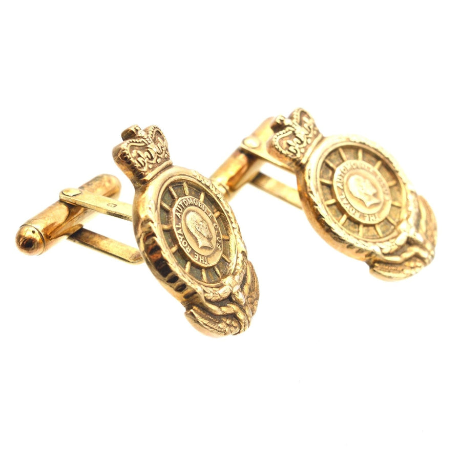 Vintage silver gilt RAC cufflinks featuring the Royal Automobile Club logo, crafted by Jack Spencer in 1991.