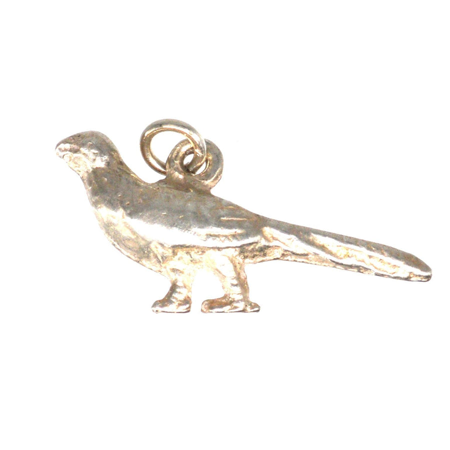Vintage silver pheasant bird charm, perfect for charm bracelets or necklaces, showcasing intricate detailing.