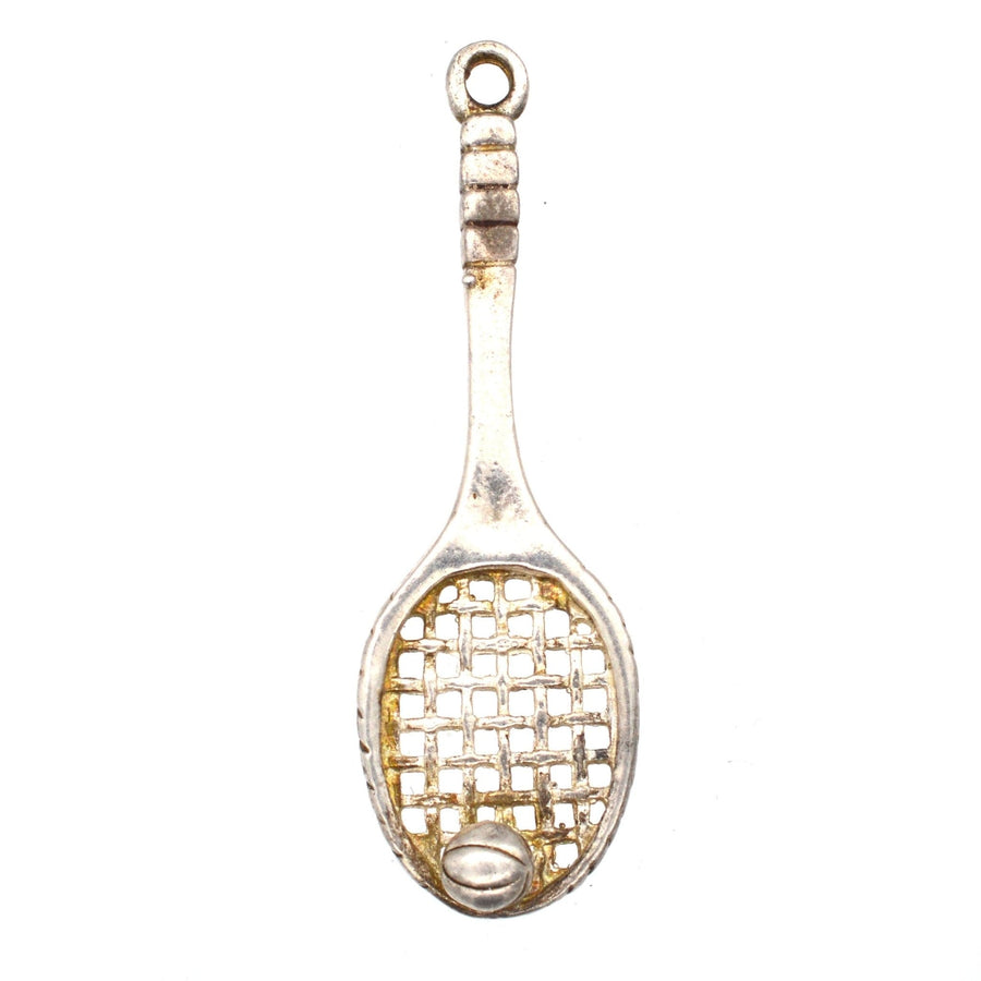 Vintage silver tennis racket pendant with tennis ball, perfect for tennis lovers and Wimbledon fans.