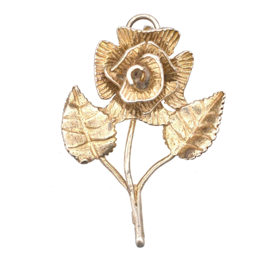 Vintage Silver Valentine single rose pendant with leaves, 1970s design, perfect romantic gift for a loved one.