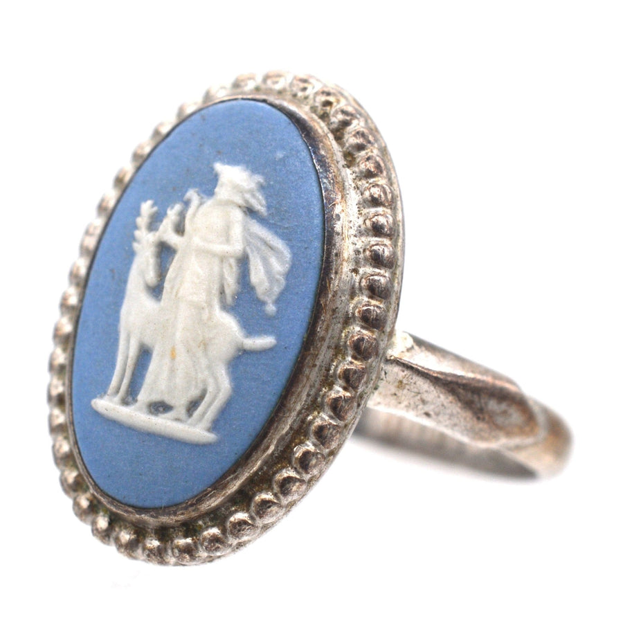 Vintage silver Wedgwood plaque ring featuring Diana the Huntress with a blue background, dating to the 1960s.