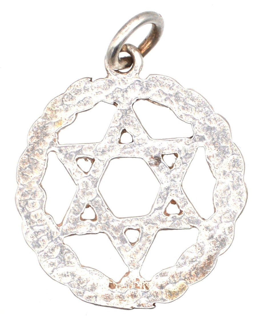 Silver Star of David pendant surrounded by laurel wreath, symbolizing Judaism faith and honor.