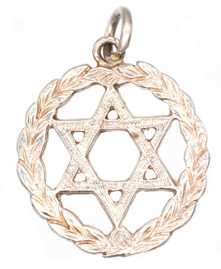 Silver Star of David pendant enclosed in a laurel wreath, symbolizing Judaism and honor in tradition.
