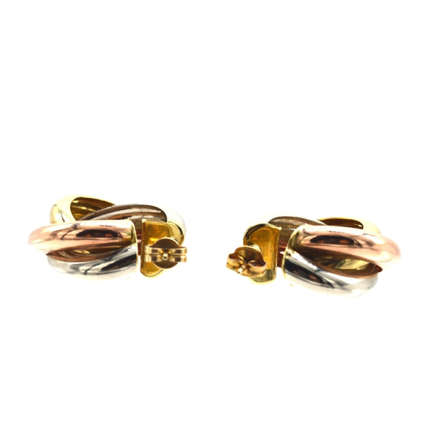Vintage three colour 9ct gold large open Russian Trinity hoop earrings, showcasing fine craftsmanship and timeless elegance.