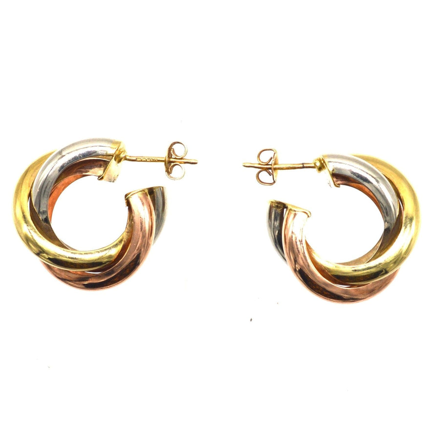 Vintage three colour 9ct gold large open Russian Trinity hoop earrings showcasing exquisite craftsmanship.