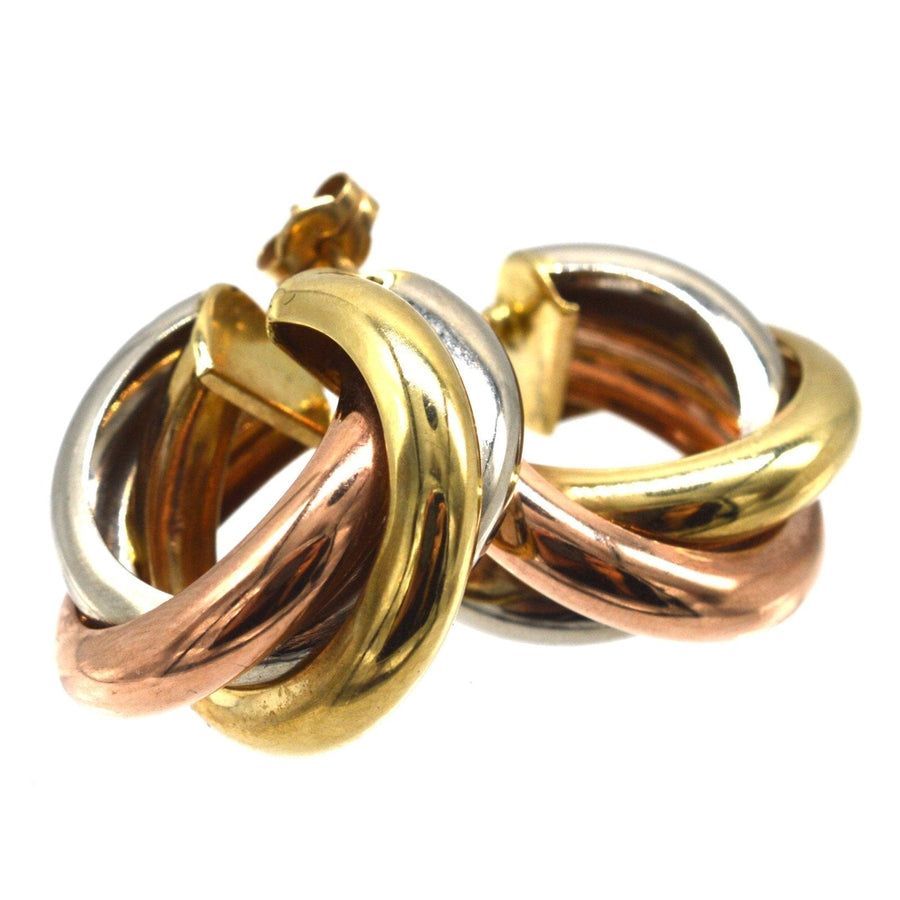 Vintage three colour 9ct gold large open Russian Trinity hoop earrings for a bold statement.