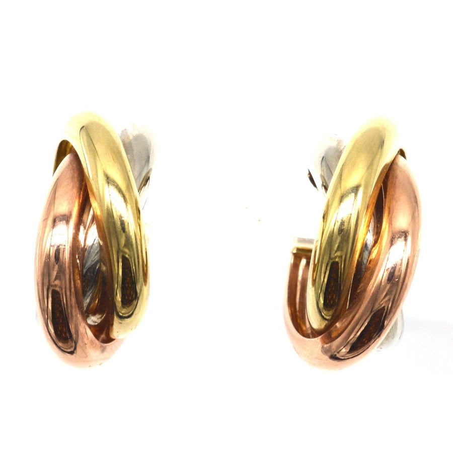 Vintage 9ct gold large open Russian Trinity three hoop earrings in yellow, rose, and white gold.