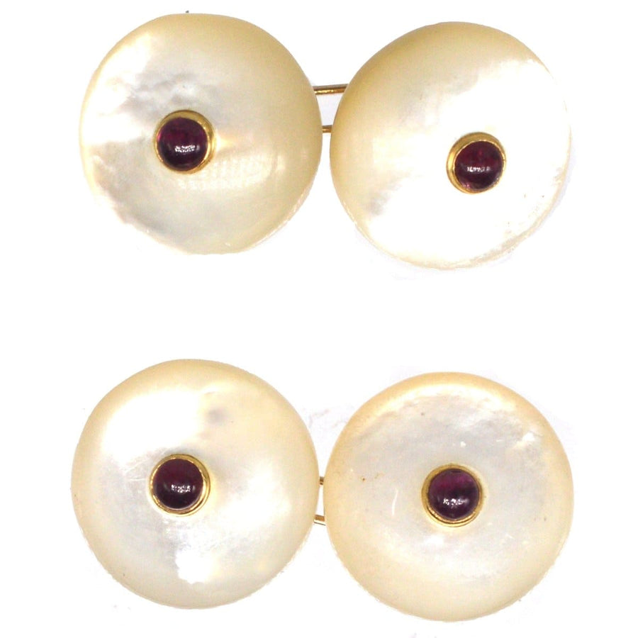 Vintage Trianon 14ct gold cufflinks with mother of pearl and ruby, featuring elegant design by Seaman Schepps.